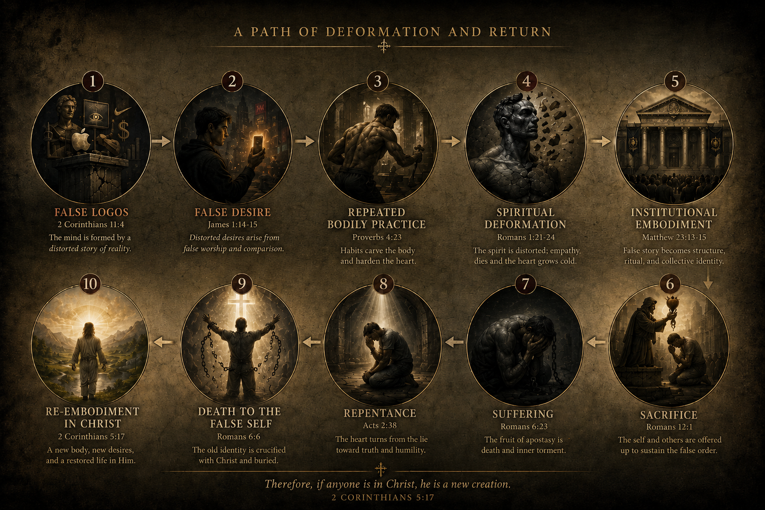 A visual diagram titled A Path of Deformation and Return, showing ten stages from false logos through re-embodiment in Christ.